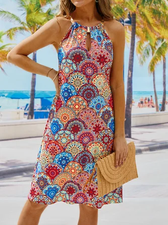 Casual Printed Hippie Sleeveless Halter Dress