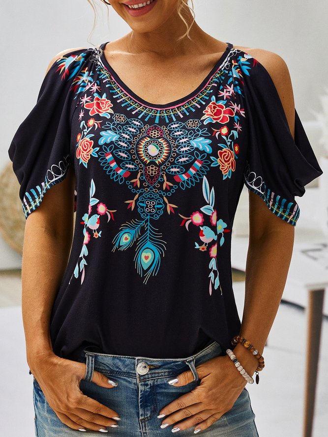 Boho V neck Printed Short Sleeve Short Sleeve T-shirt