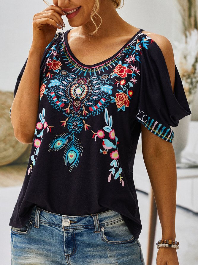 Boho V neck Printed Short Sleeve Short Sleeve T-shirt