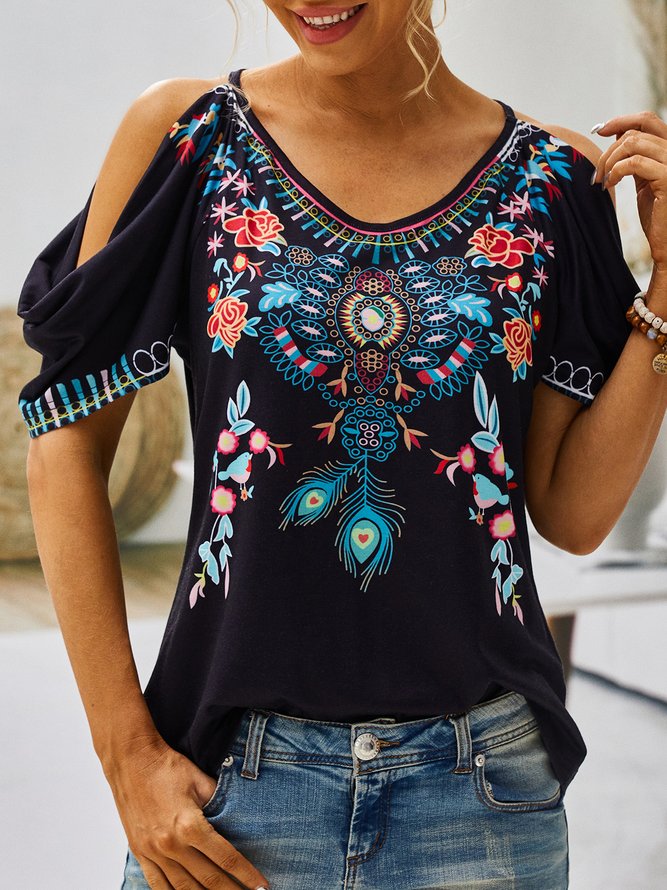 Boho V neck Printed Short Sleeve Short Sleeve T-shirt