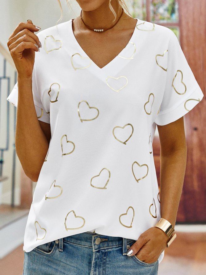 Heart Short sleeve V Neck Casual Short Sleeve T-shirt