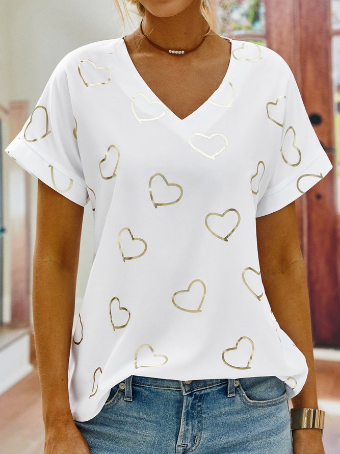 Heart Short sleeve V Neck Casual Short Sleeve T-shirt