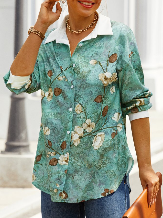 Casual Shirt Collar Floral Loose Blouse