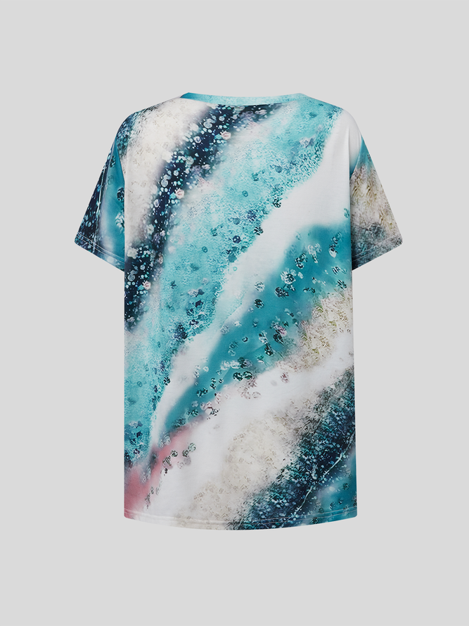 Abstract Print V Neck Casual Short Sleeve T-Shirt