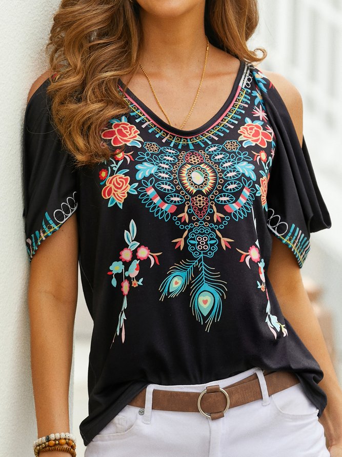 Boho V neck Printed Short Sleeve Short Sleeve T-shirt