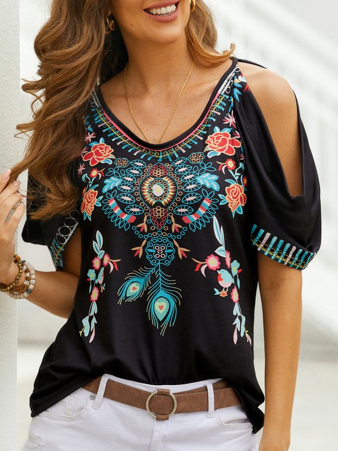 Boho V neck Printed Short Sleeve Short Sleeve T-shirt