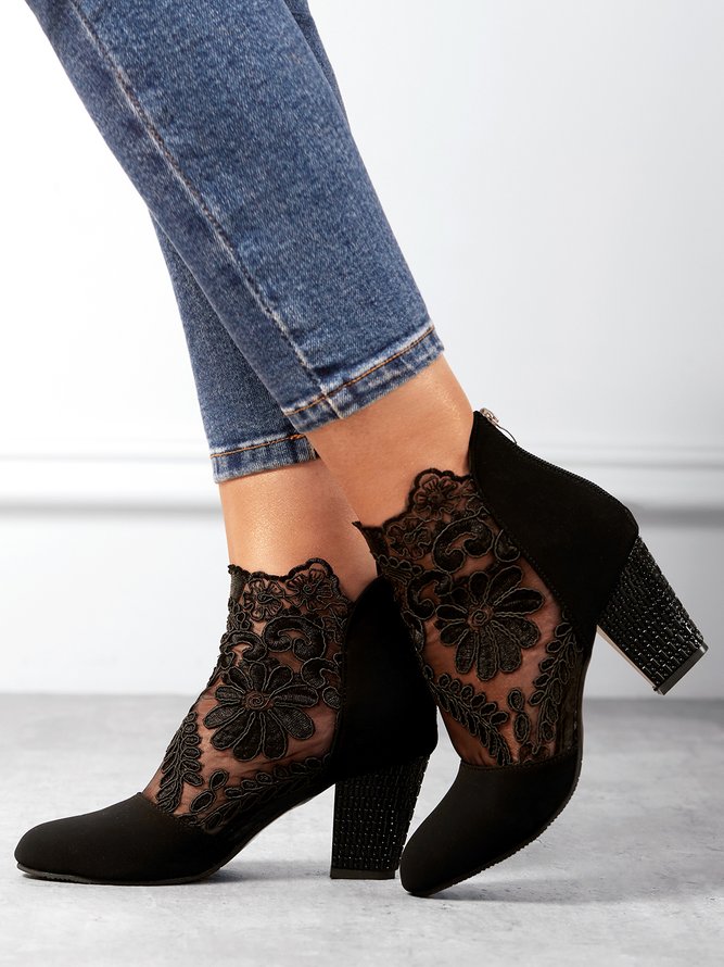 Lace Split Joint Chunky Heel Sandals Boots with Back Zip