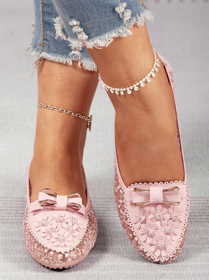 Elegant Applique Bowknot Decor Lace Split Joint Flat Shoes