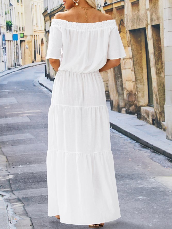 Boat Neck Loose Casual Solid White Wedding Maxi Short sleeve Woven Dress