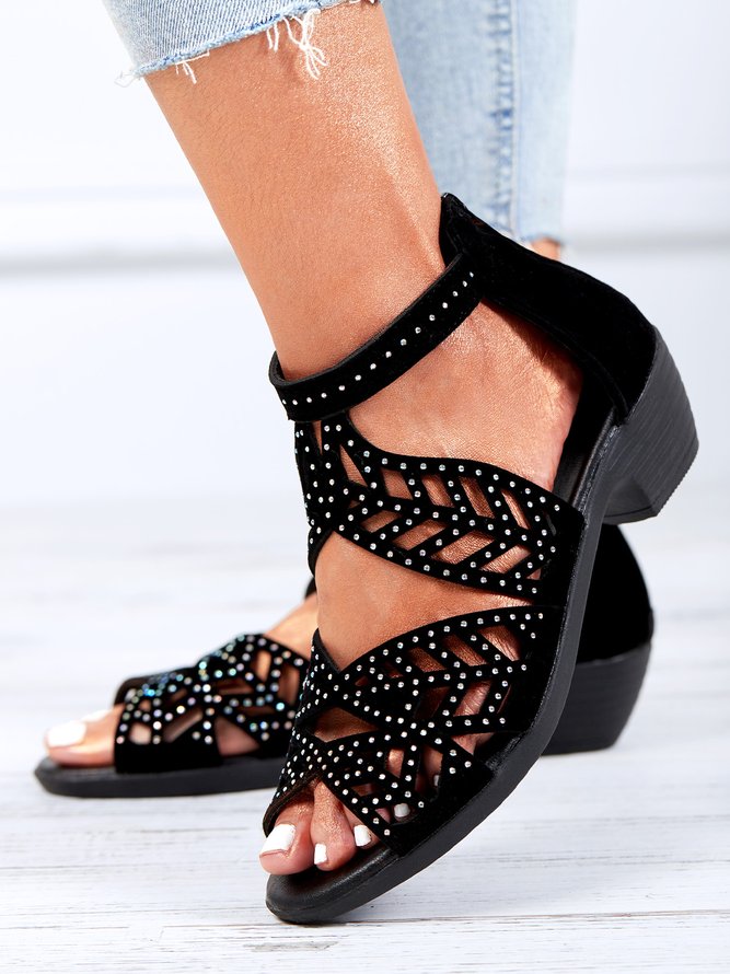 Black Ornate Rhinestone Hollow Upper Chunky Heel Sandals