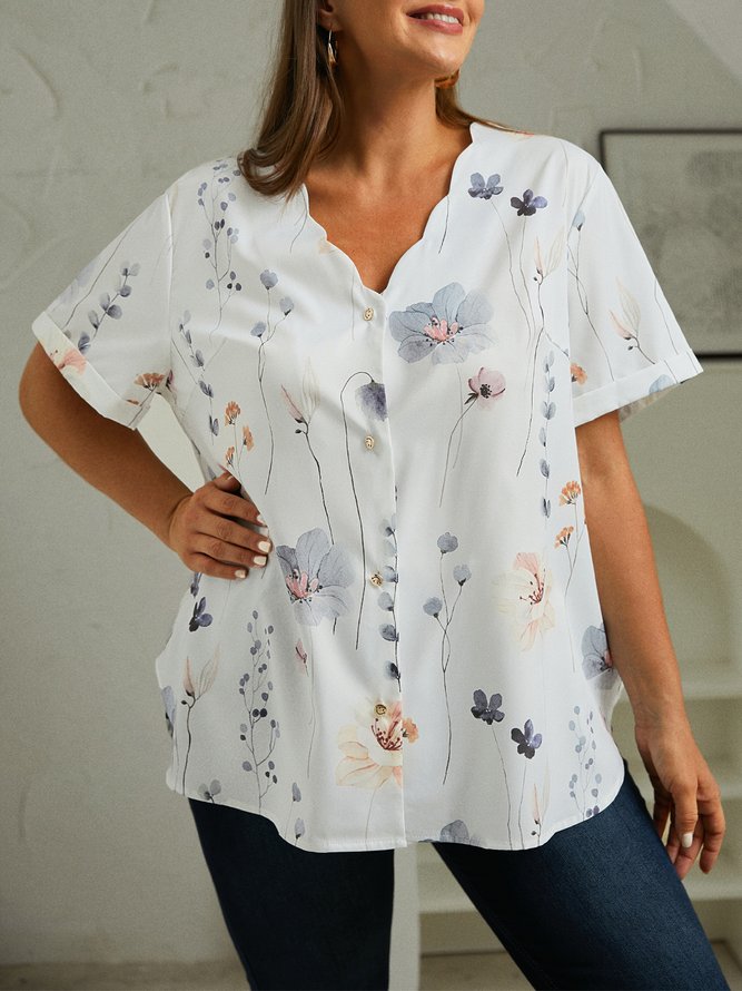 Plus Size Printing Casual Loose Floral Blouse