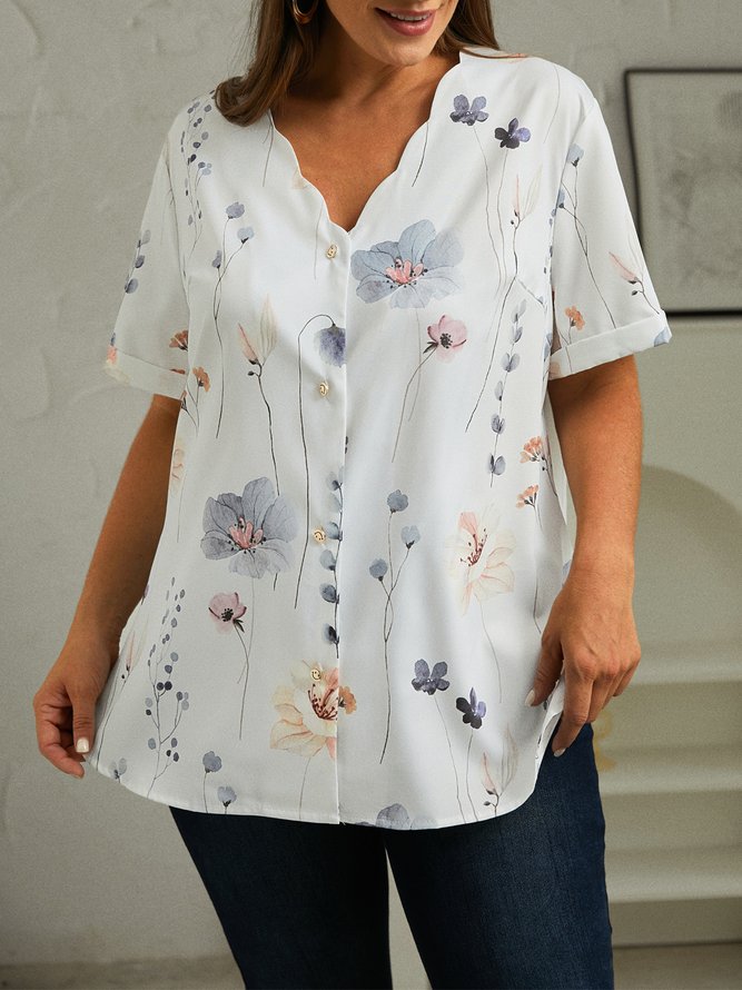 Plus Size Printing Casual Loose Floral Blouse