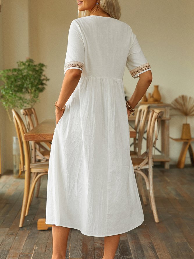 Lace Cotton And Linen Casual Pockets Plain Dress