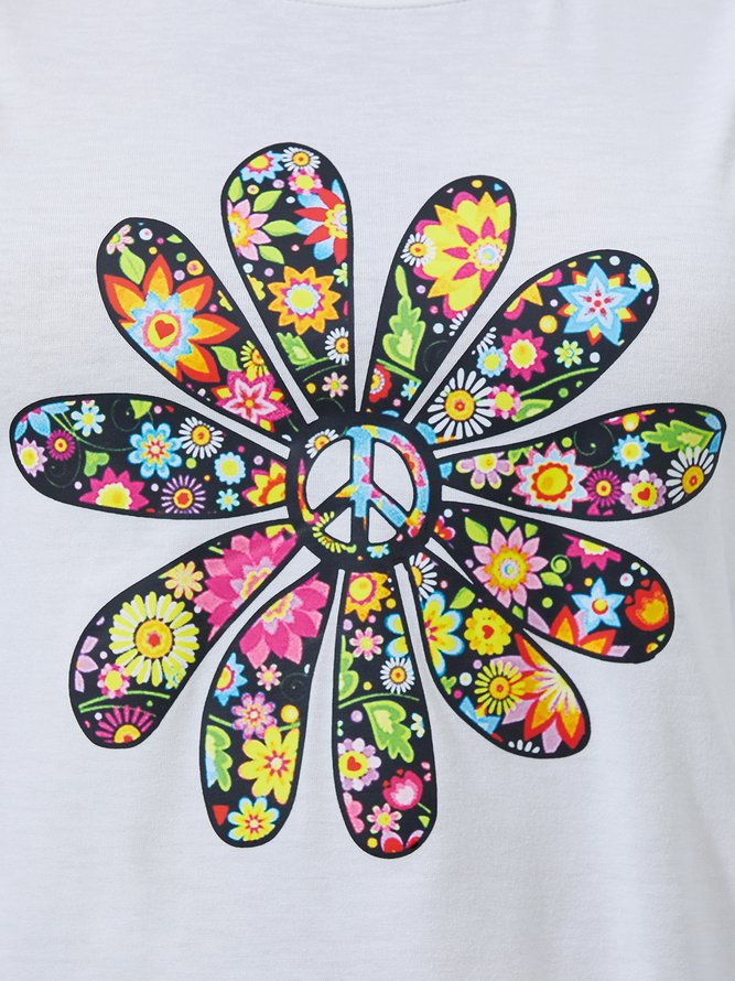 Floral-Print Cotton-Blend Casual Crew Neck Top