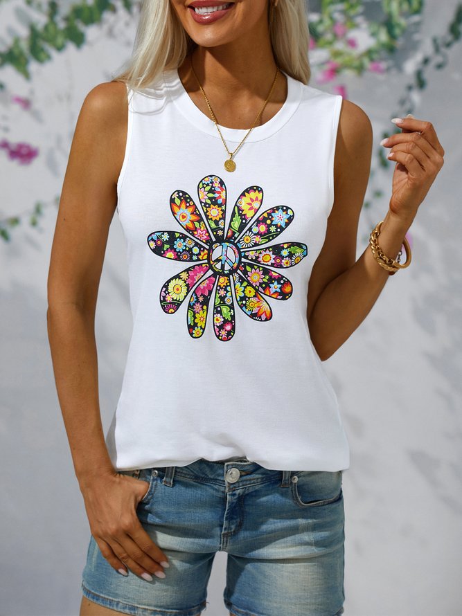 Floral-Print Cotton-Blend Casual Crew Neck Top