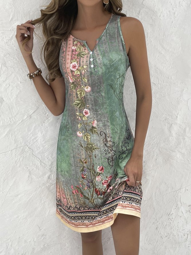 Women Casual Mini Dress Green Strap Print V Neck Sleeveless Loose Short Dress