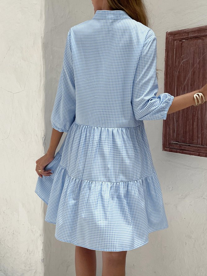 Plaid Buckle Stand Collar Casual Tunic Dress