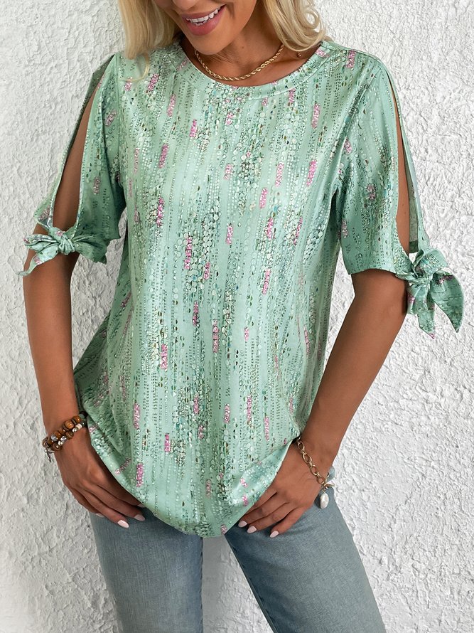 Crew Neck Floral Printed Knot Cuff Blouse