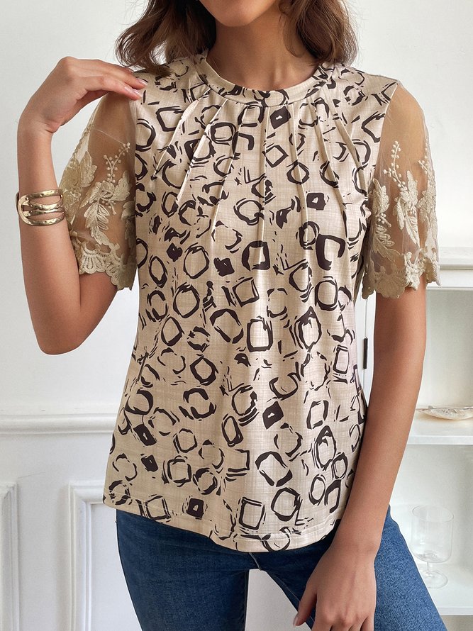 Geometric Lace Short Sleeve Crew Neck Casual Tunic Shirt