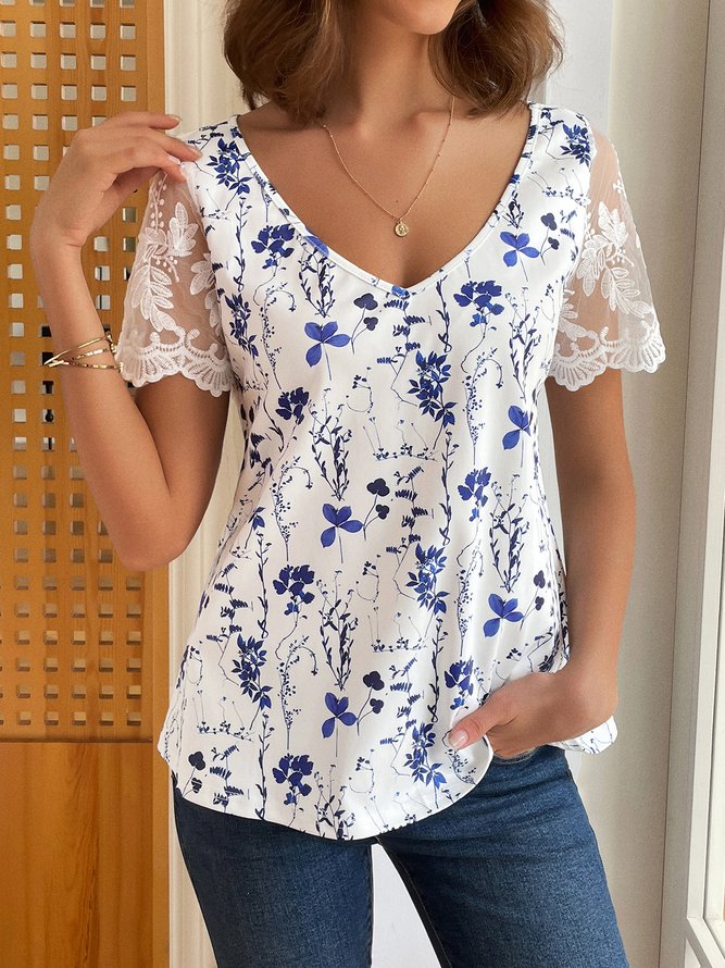 Lace Floral Casual V Neck tunic Shirt