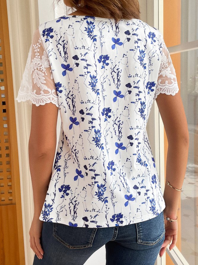 Lace Floral Casual V Neck tunic Shirt