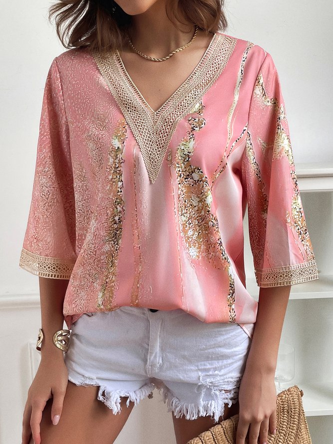 Loose Random Print V Neck Casual Shirt