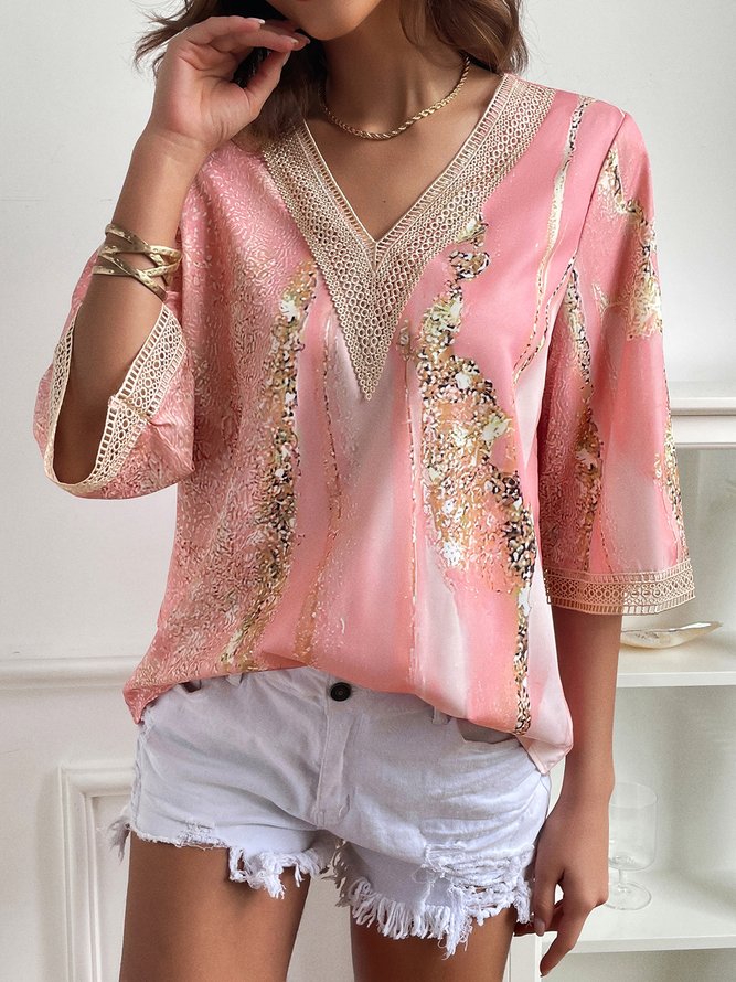 Loose Random Print V Neck Casual Shirt