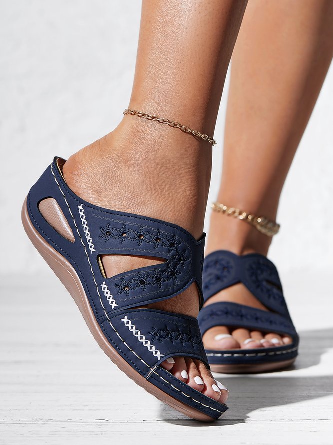 Floral Embroidered Cutout Boho Casual Wedge Slides