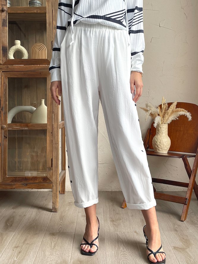 Button Detail Cotton And Linen Loose Plain Elastic Waist Pant