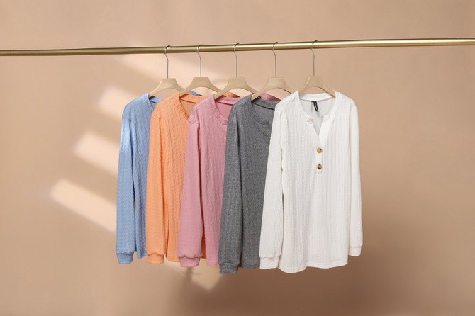 Women Casual Plain Loose Blouse Notched Long Sleeve Buttoned Regular Spring/Fall Shirt