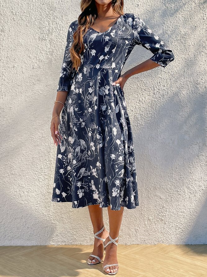 Women Floral Pattern V Neck Three Quarter Sleeve Comfy Vacation Maxi Dress