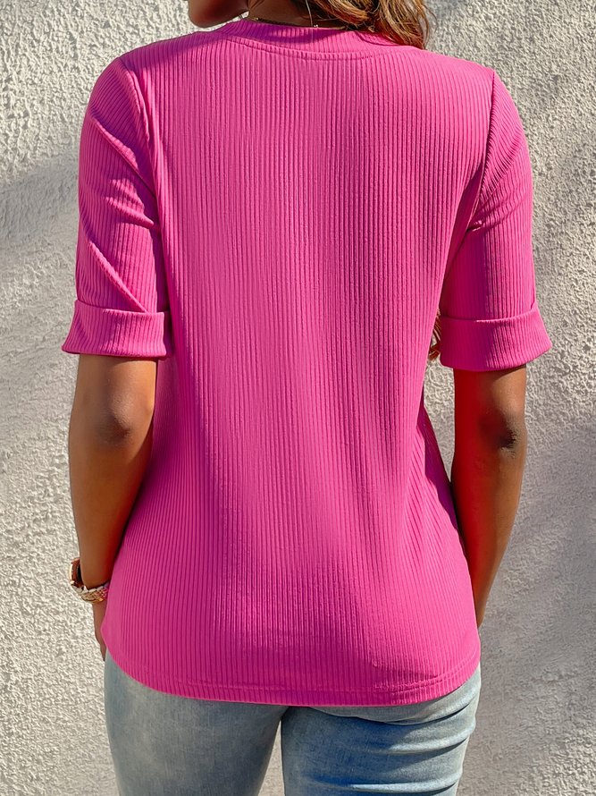 Women's Casual Pink Plain V Neck Half Sleeve Soft Comfy T-shirt