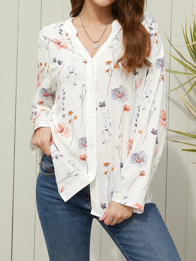 V Neck Long Sleeve Floral Buttoned Lightweight Micro-Elasticity Loose Blouse For Women 2023