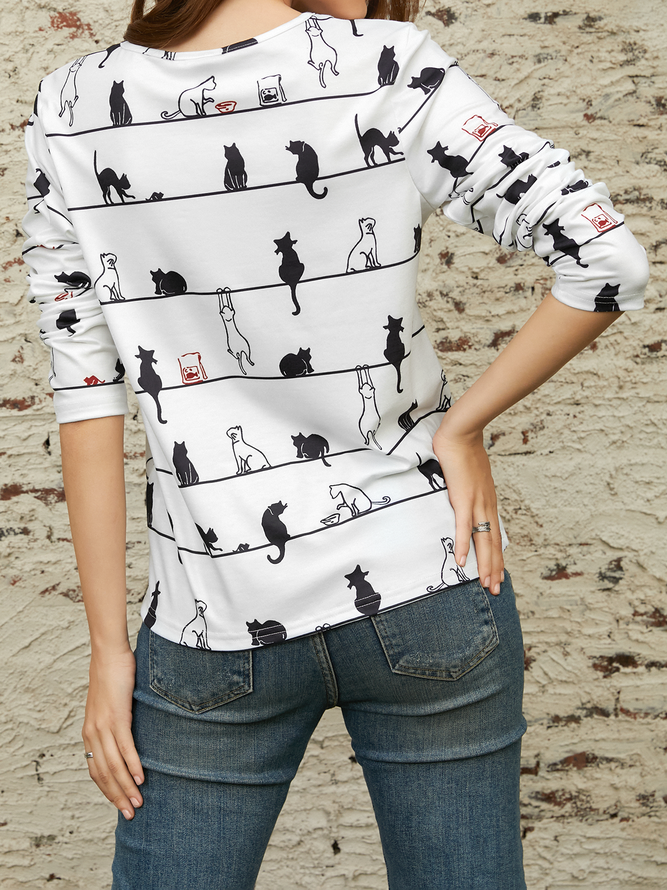 Casual Cat V Neck Long Sleeve T-shirt