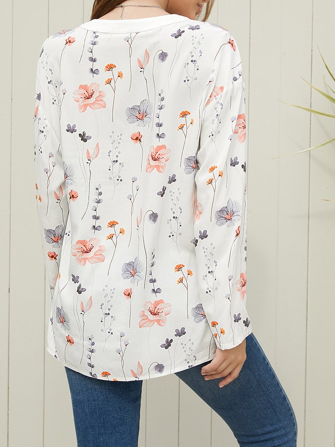 V Neck Long Sleeve Floral Buttoned Lightweight Micro-Elasticity Loose Blouse For Women 2023