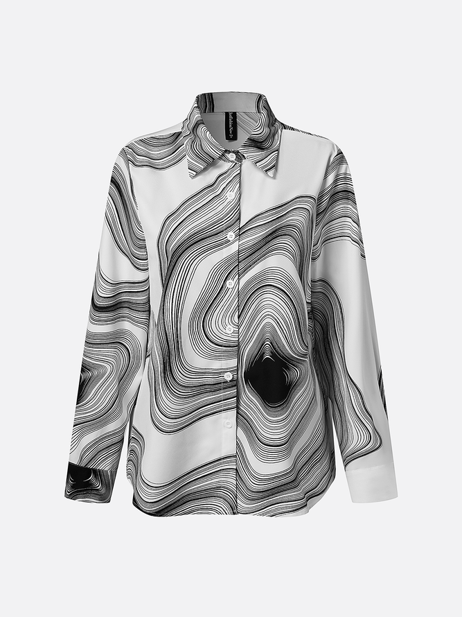 Shirt Collar Long Sleeve Abstract Stripes Open Front Regular Loose Shirt For Women