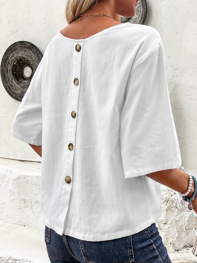 Crew Neck Short Sleeve Plain Buckle Regular Loose Shirt For Women