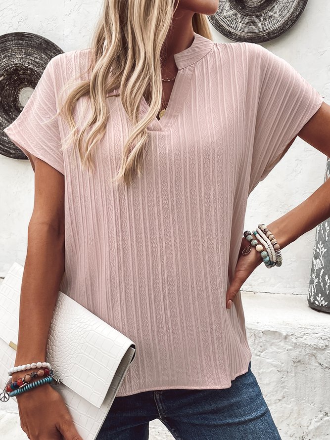 V Neck Short Sleeve Plain Regular Loose Shirt For Women