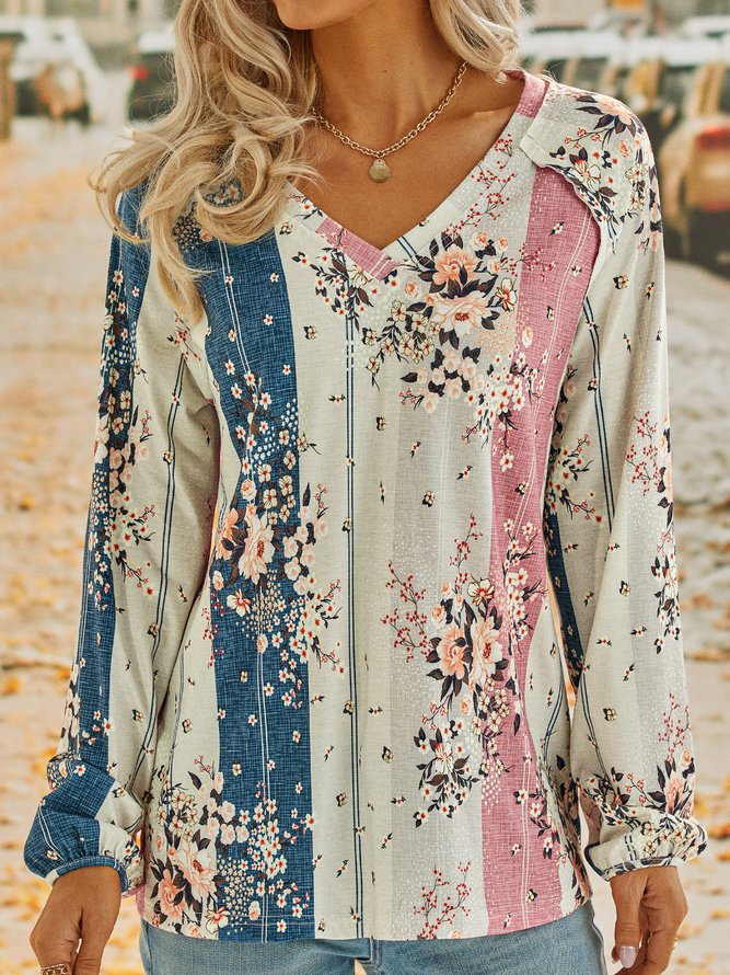 Long sleeve V Neck Floral Casual T-Shirt