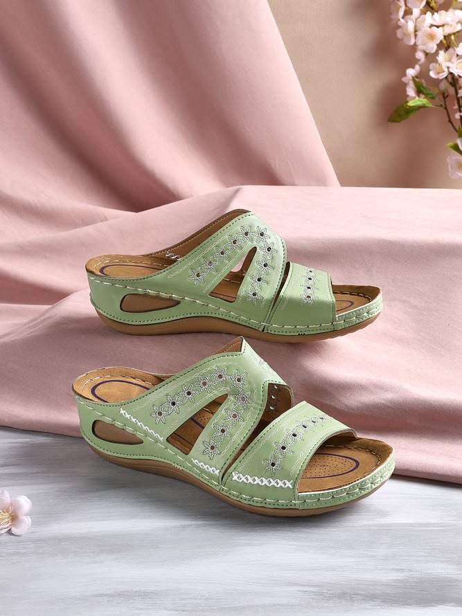 Floral Embroidered Cutout Boho Casual Wedge Slides