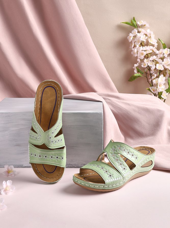 Floral Embroidered Cutout Boho Casual Wedge Slides