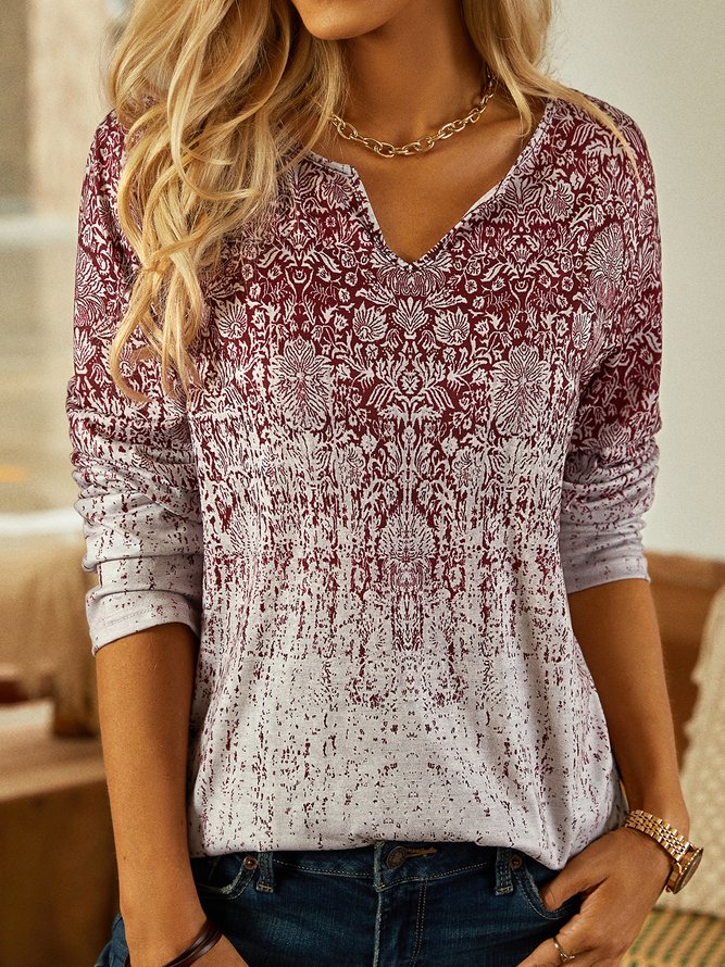 Ethnic Long Sleeve Notched Casual T-Shirt