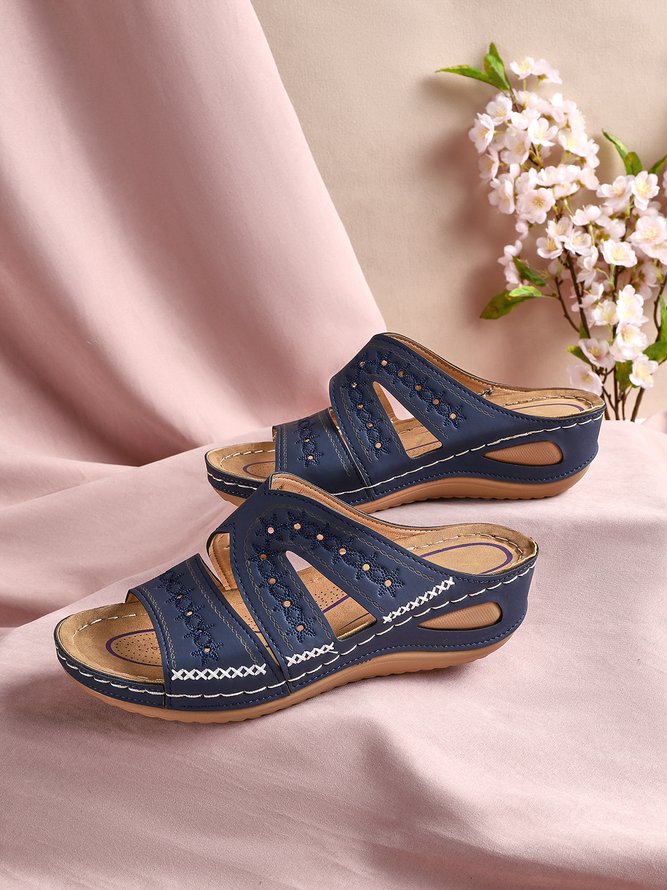 Floral Embroidered Cutout Boho Casual Wedge Slides