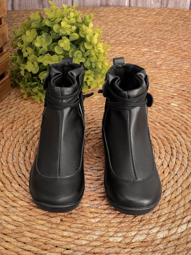 Women Casual Soft Braided Strap Lether PU Flat Heel Snow Boots