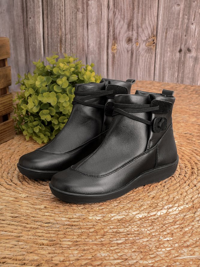 Women Casual Soft Braided Strap Lether PU Flat Heel Snow Boots