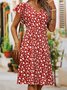 Women Floral Slim Pullover V Neck Short Sleeve Short Dress