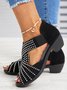 Black Rhinestone Hollow Peep Toe Chunky Heel Dress Sandals