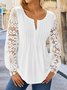 Plain Casual Patchwork lace Notched Tunic Top