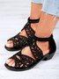 Black Ornate Rhinestone Hollow Upper Chunky Heel Sandals