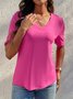 Women's Casual Pink Plain V Neck Half Sleeve Soft Comfy T-shirt